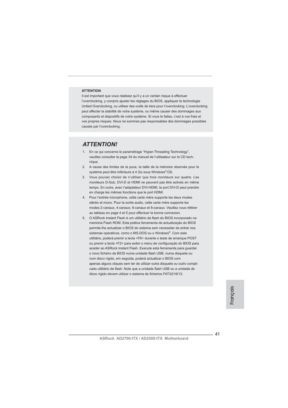 Attention, Français | ASRock AD2700-ITX User Manual | Page 41 / 158
