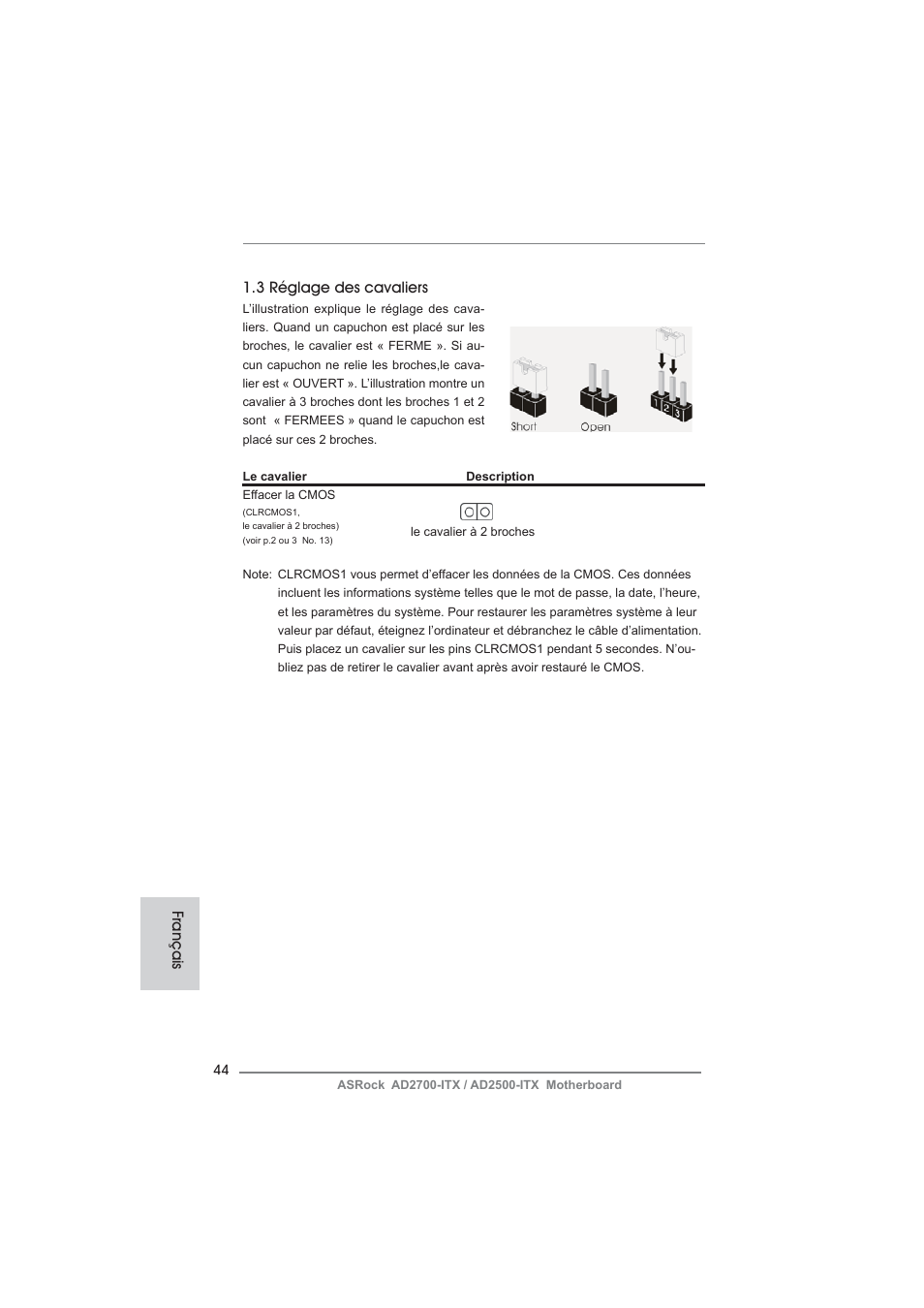 Français 1.3 réglage des cavaliers | ASRock AD2700-ITX User Manual | Page 44 / 158