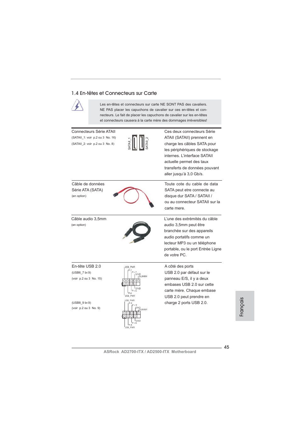 Français 1.4 en-têtes et connecteurs sur carte | ASRock AD2700-ITX User Manual | Page 45 / 158