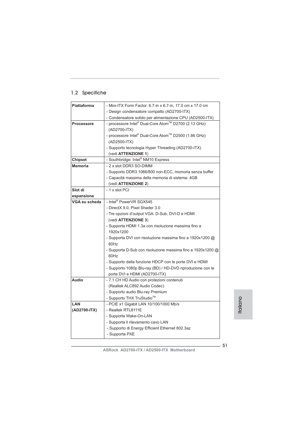 Italiano 1.2 specifiche | ASRock AD2700-ITX User Manual | Page 51 / 158