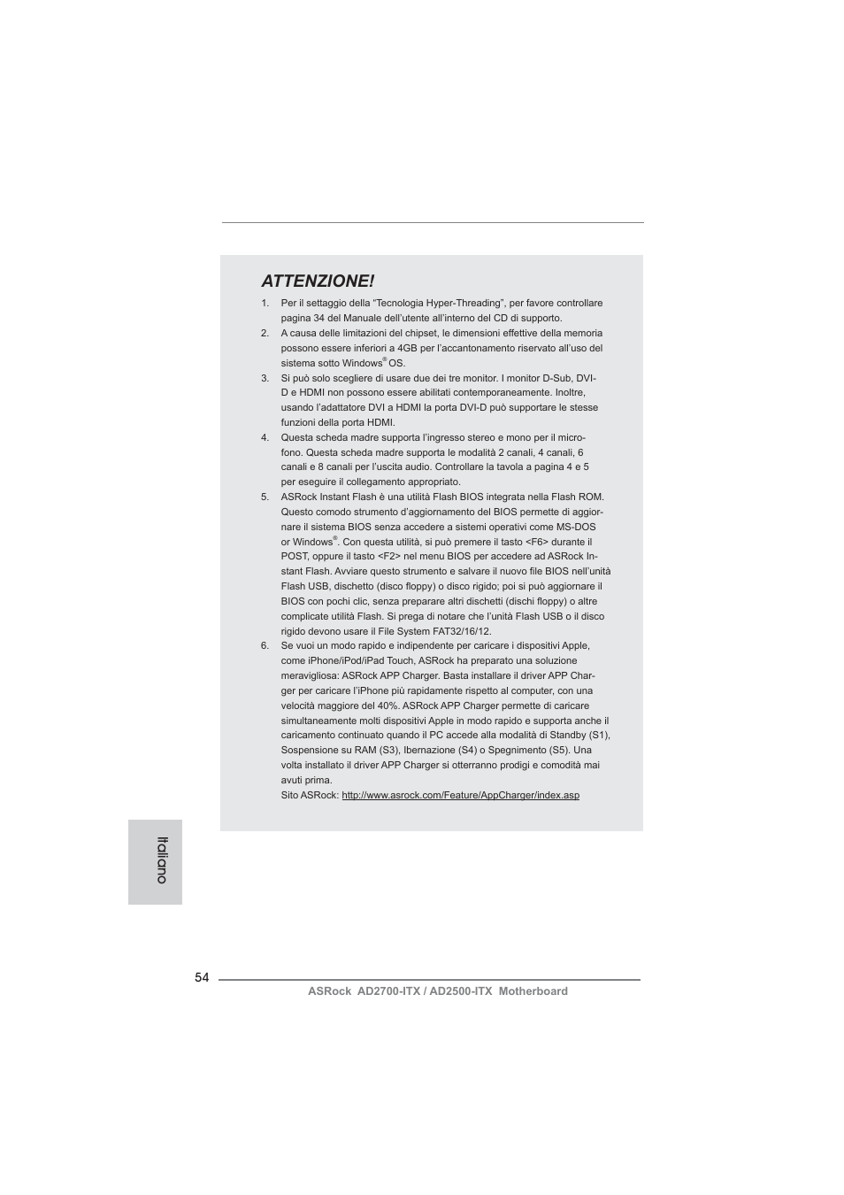 Attenzione, Italiano | ASRock AD2700-ITX User Manual | Page 54 / 158