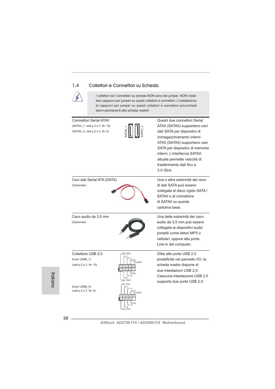 Italiano, 4 collettori e connettori su scheda | ASRock AD2700-ITX User Manual | Page 58 / 158