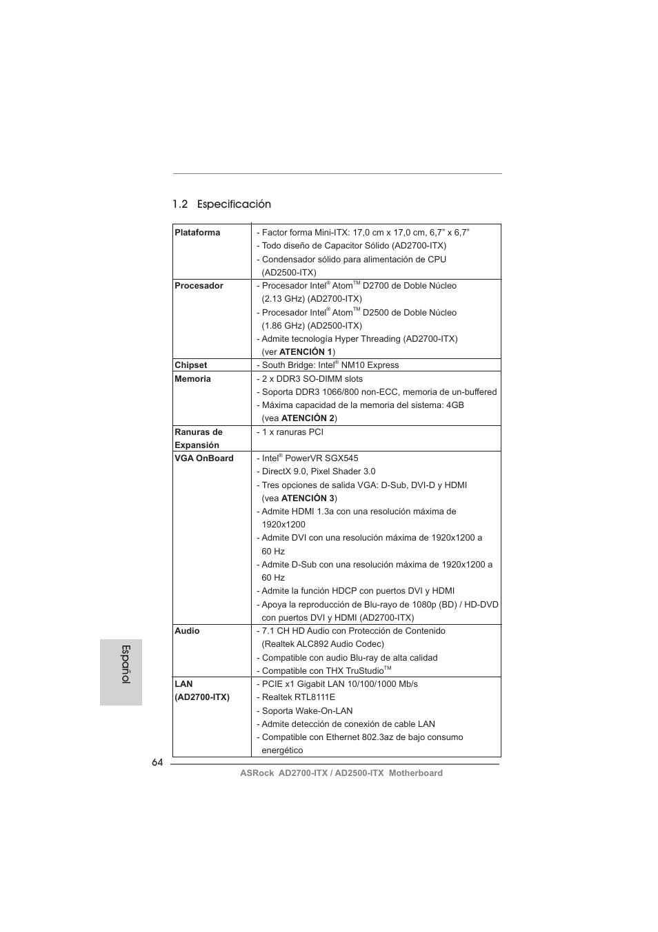 2 especificación, Español | ASRock AD2700-ITX User Manual | Page 64 / 158