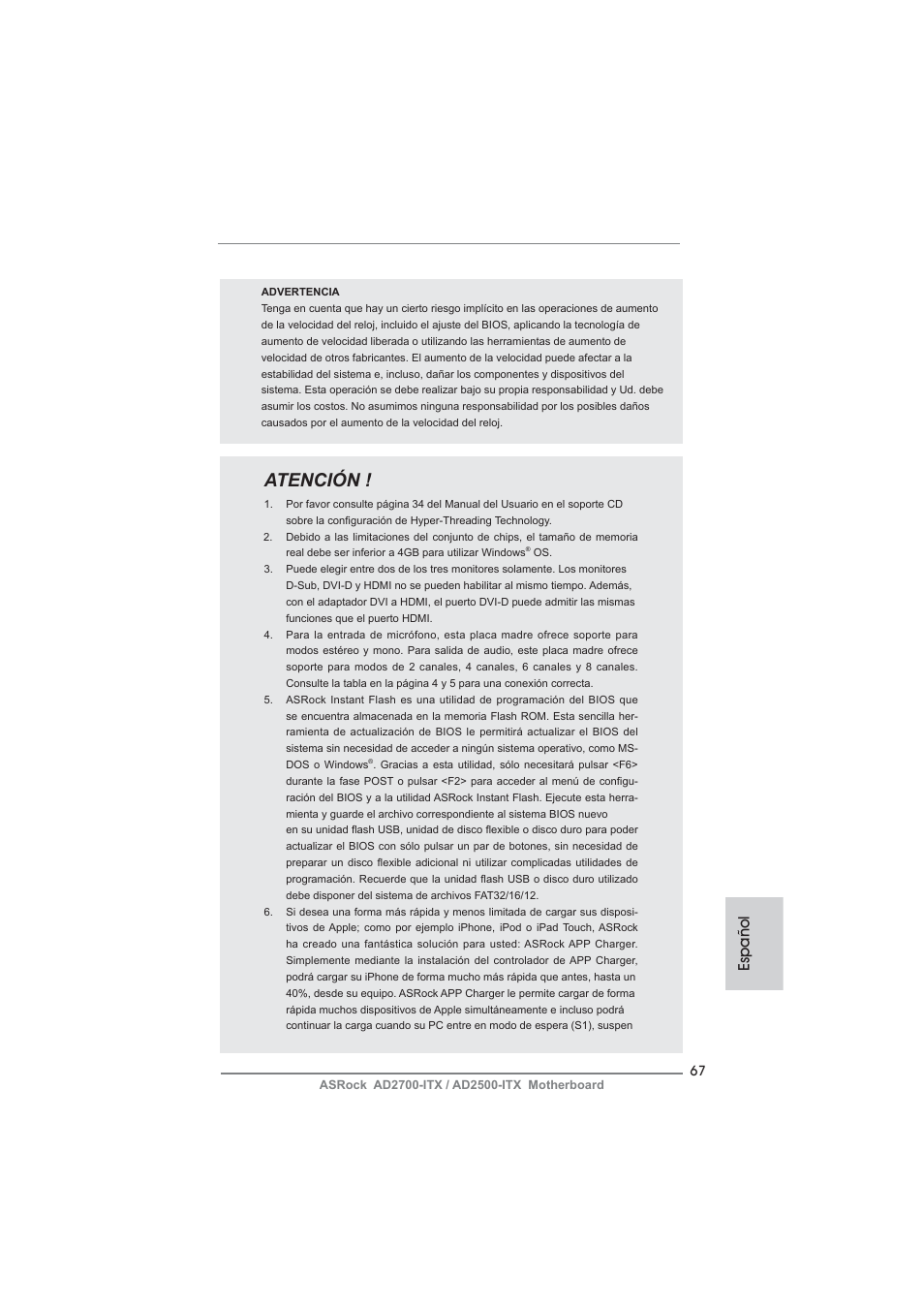 Atención, Español | ASRock AD2700-ITX User Manual | Page 67 / 158