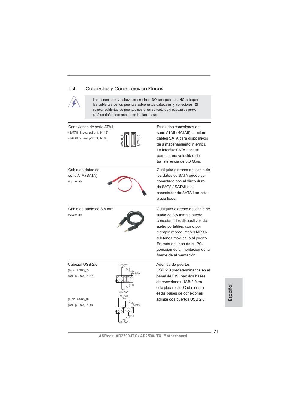 Español 1.4 cabezales y conectores en placas | ASRock AD2700-ITX User Manual | Page 71 / 158