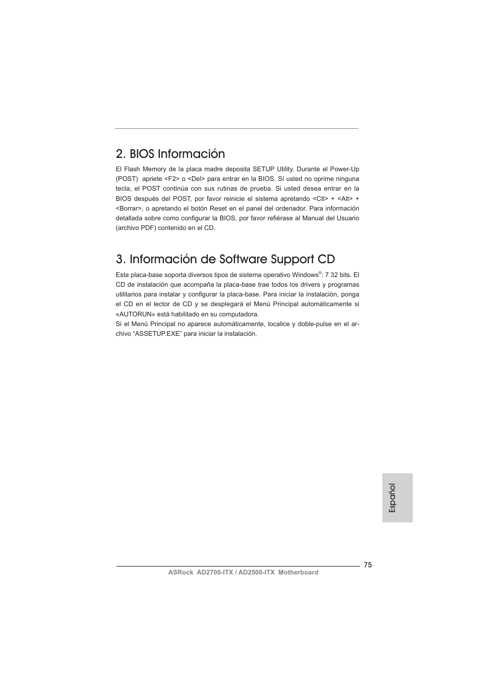 Bios información, Información de software support cd | ASRock AD2700-ITX User Manual | Page 75 / 158