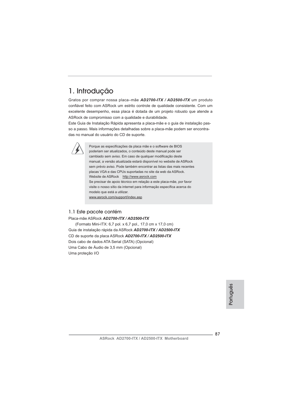 Portuguese, Introdução, Por tuguês | 1 este pacote contém | ASRock AD2700-ITX User Manual | Page 87 / 158