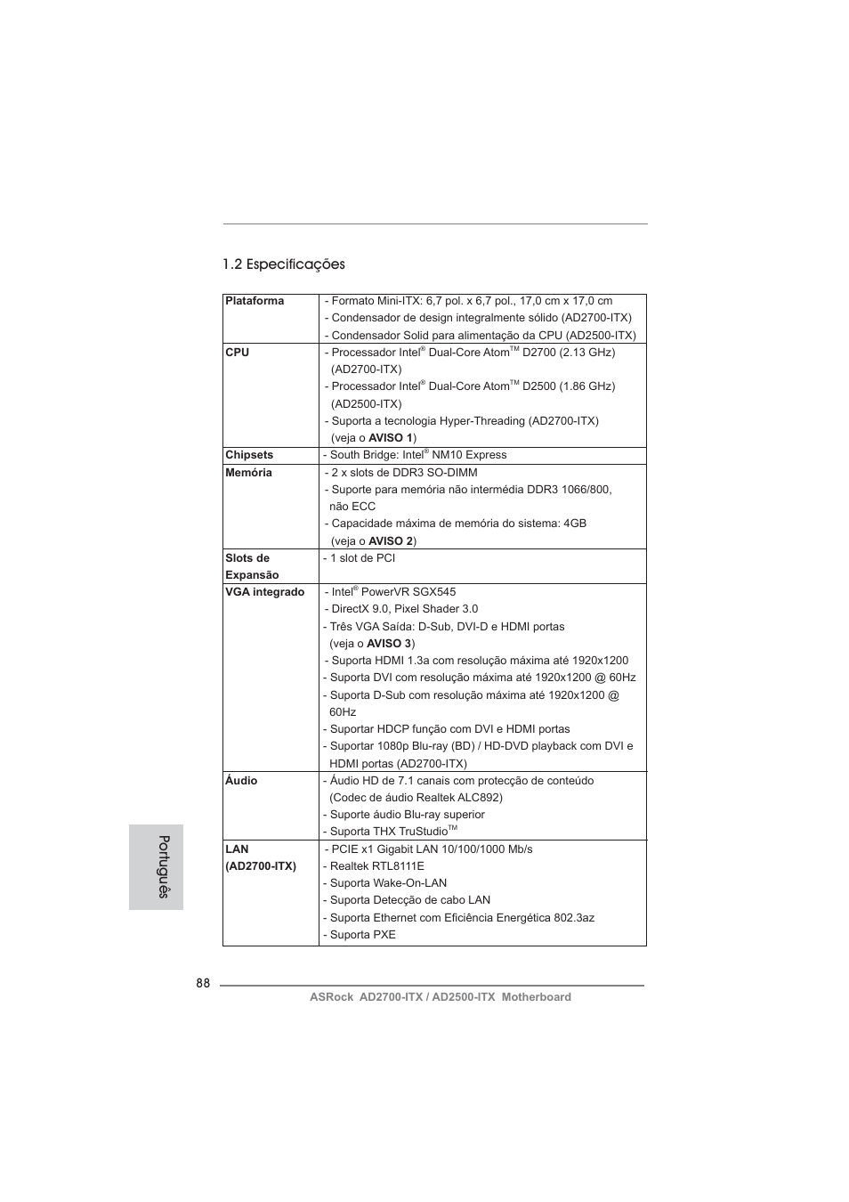 2 especificações, Por tuguês | ASRock AD2700-ITX User Manual | Page 88 / 158