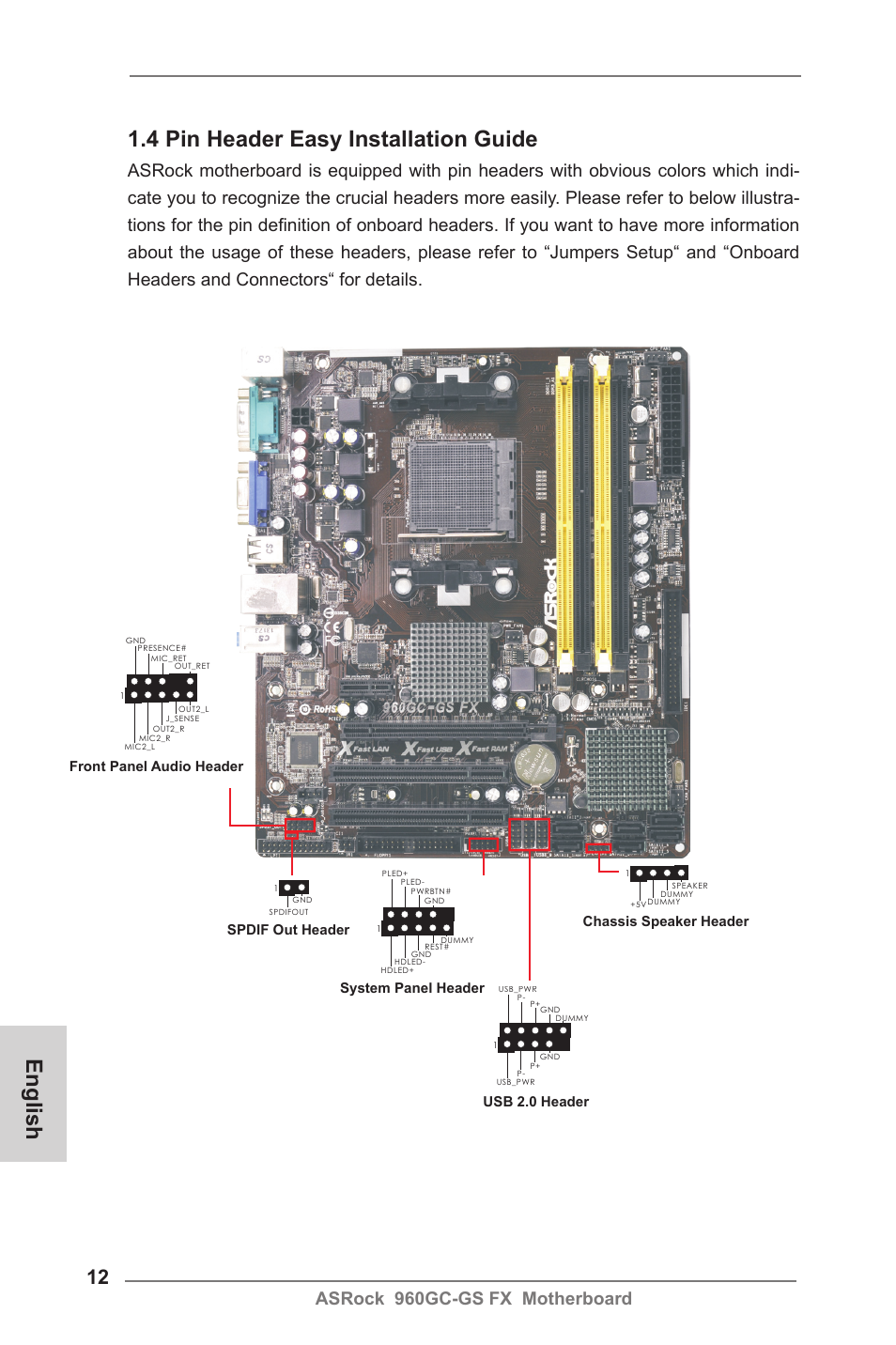 English 1.4 pin header easy installation guide, Asrock 960gc-gs fx motherboard, Front panel audio header spdif out header | System panel header usb 2.0 header, Chassis speaker header | ASRock 960GC-GS FX User Manual | Page 12 / 55