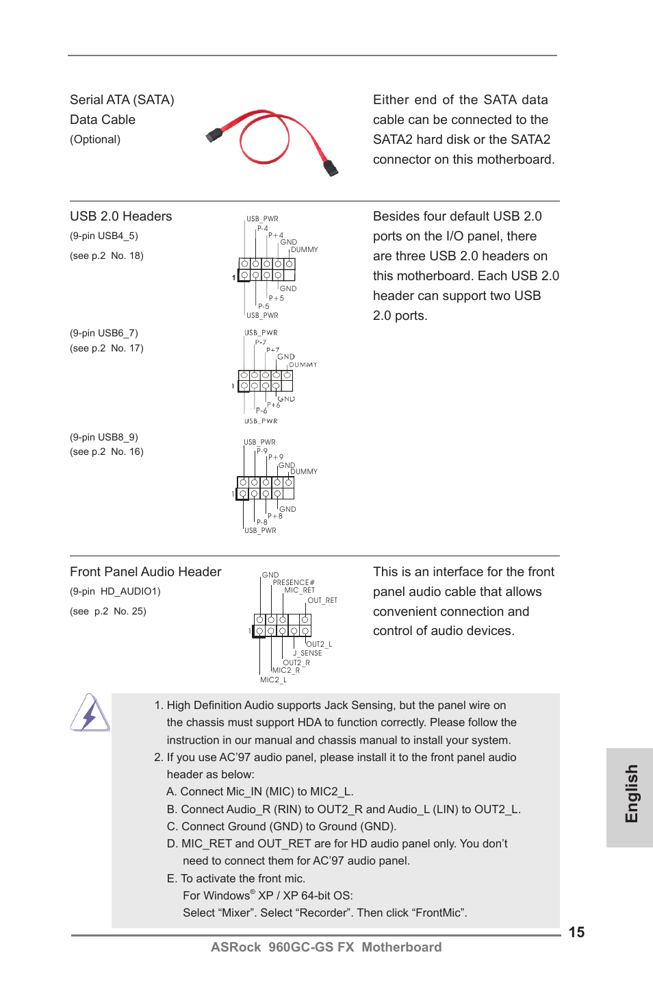 English, Asrock 960gc-gs fx motherboard, Usb 2.0 headers besides four default usb 2.0 | Ports on the i/o panel, there, Panel audio cable that allows, Convenient connection and control of audio devices | ASRock 960GC-GS FX User Manual | Page 15 / 55