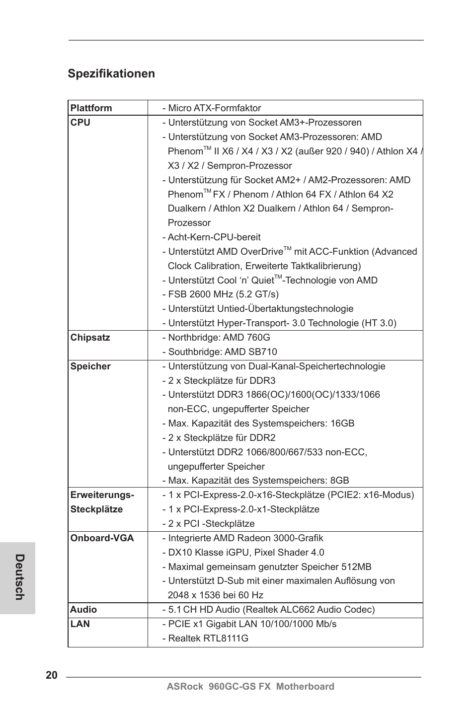 German, Spezifikationen, Deutsch | ASRock 960GC-GS FX User Manual | Page 20 / 55