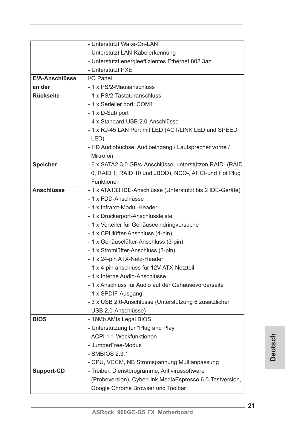 Deutsch | ASRock 960GC-GS FX User Manual | Page 21 / 55