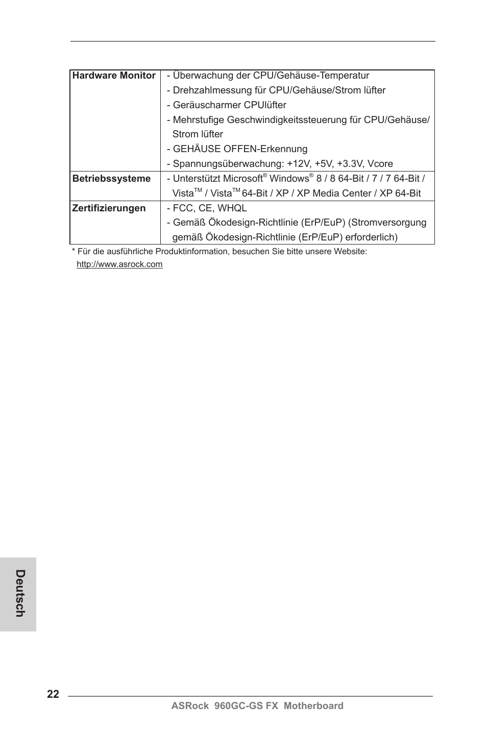 Deutsch | ASRock 960GC-GS FX User Manual | Page 22 / 55
