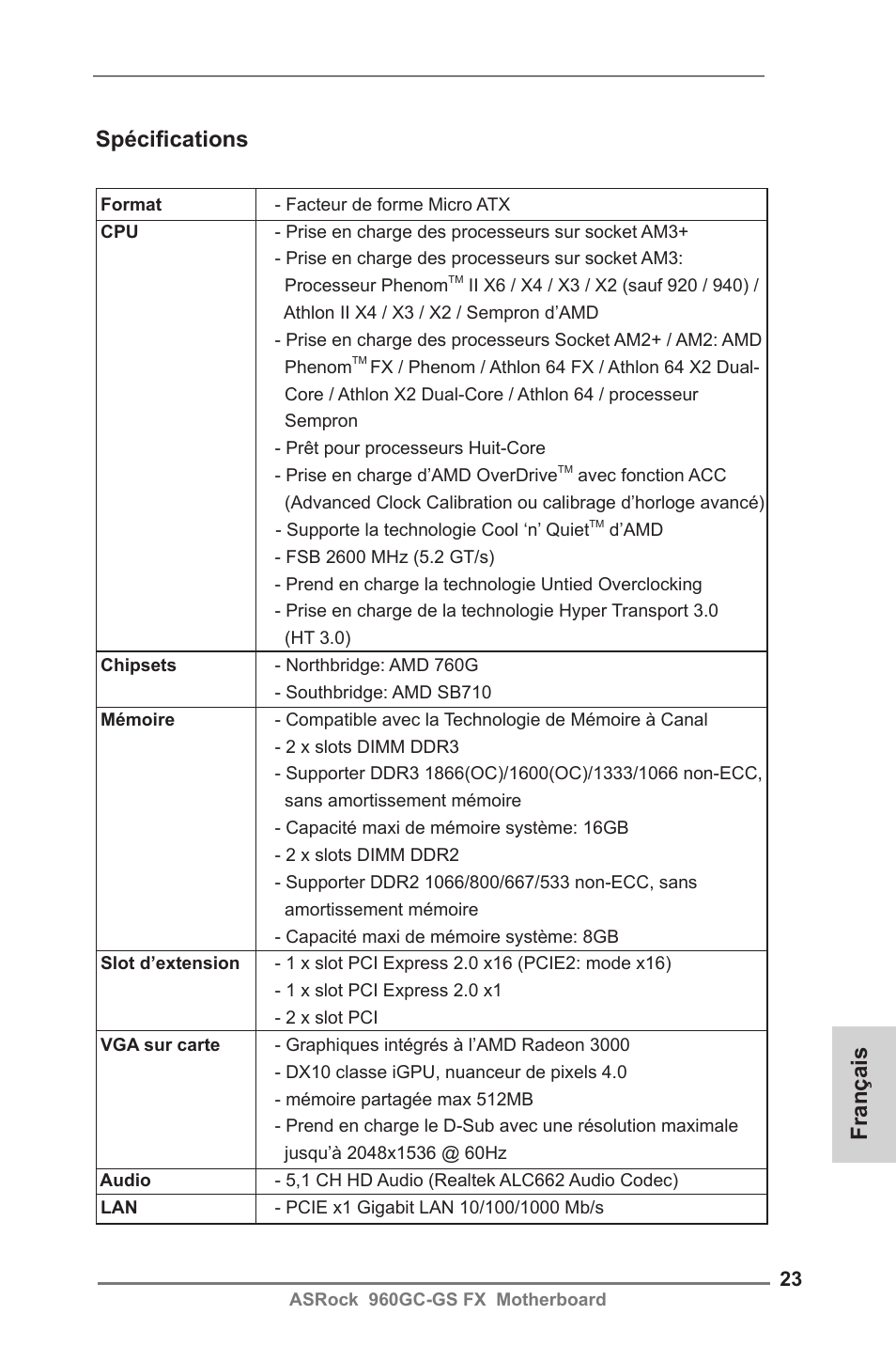 French, Français spécifications | ASRock 960GC-GS FX User Manual | Page 23 / 55