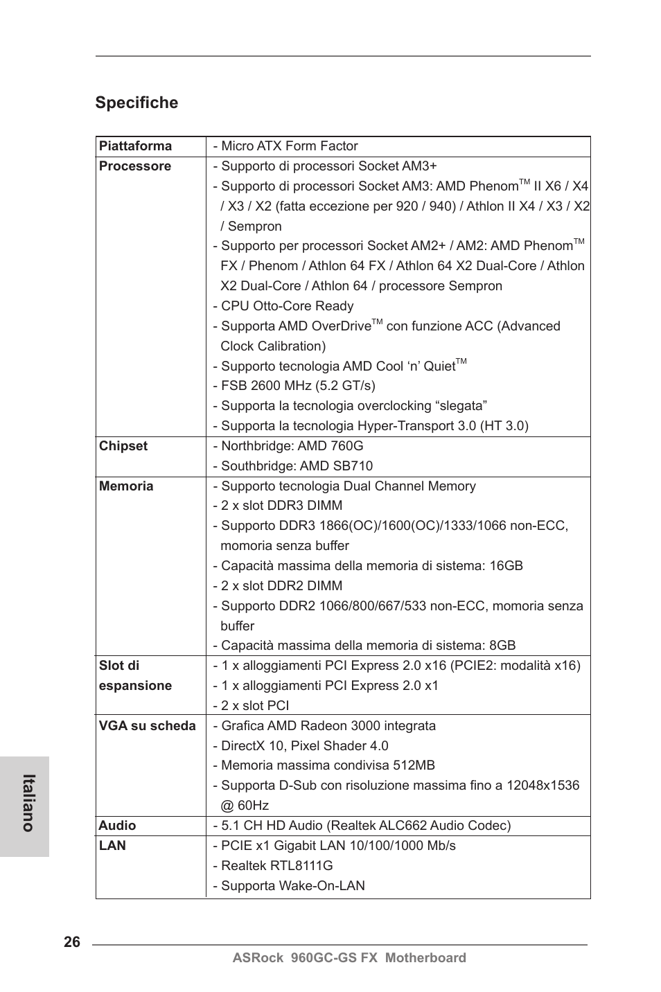 Italian, Specifiche, Italiano | ASRock 960GC-GS FX User Manual | Page 26 / 55