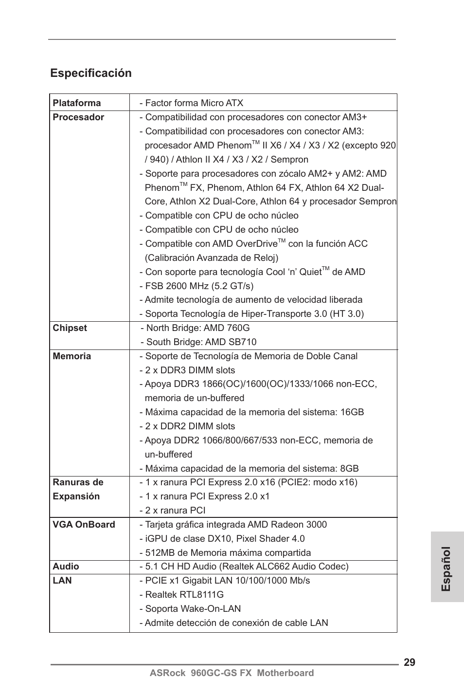Spanish, Español especificación | ASRock 960GC-GS FX User Manual | Page 29 / 55