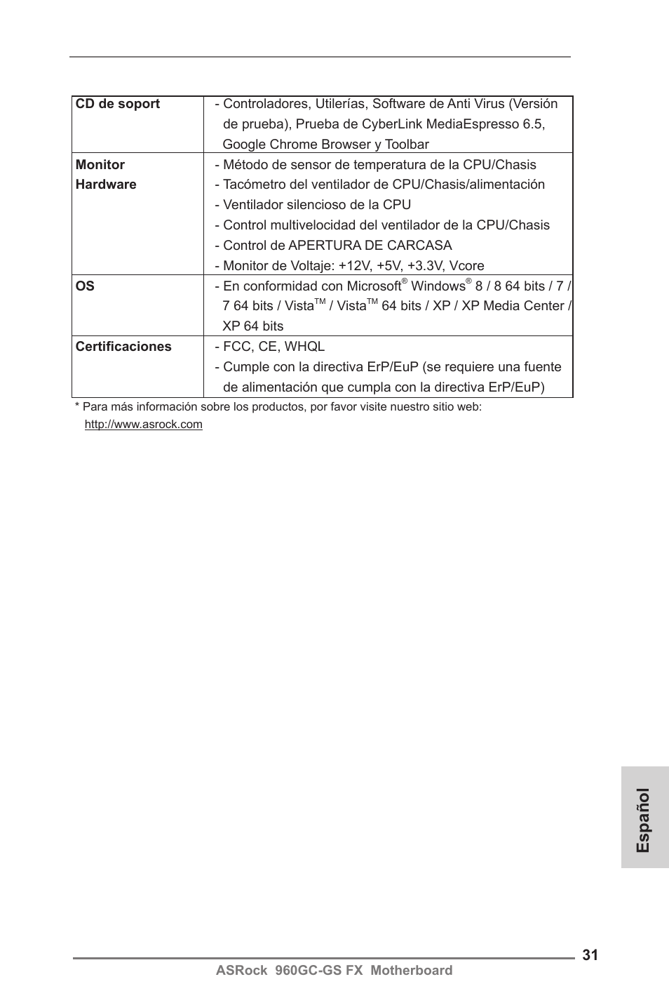 Español | ASRock 960GC-GS FX User Manual | Page 31 / 55
