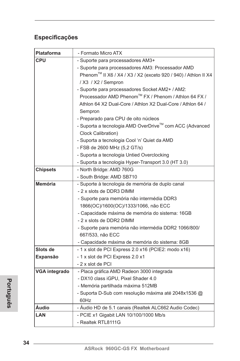 Portuguese, Especificações, Português | ASRock 960GC-GS FX User Manual | Page 34 / 55