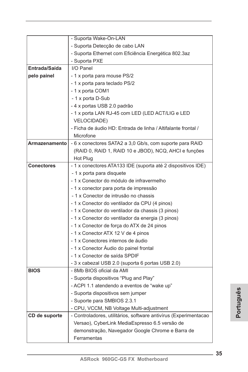 Português | ASRock 960GC-GS FX User Manual | Page 35 / 55