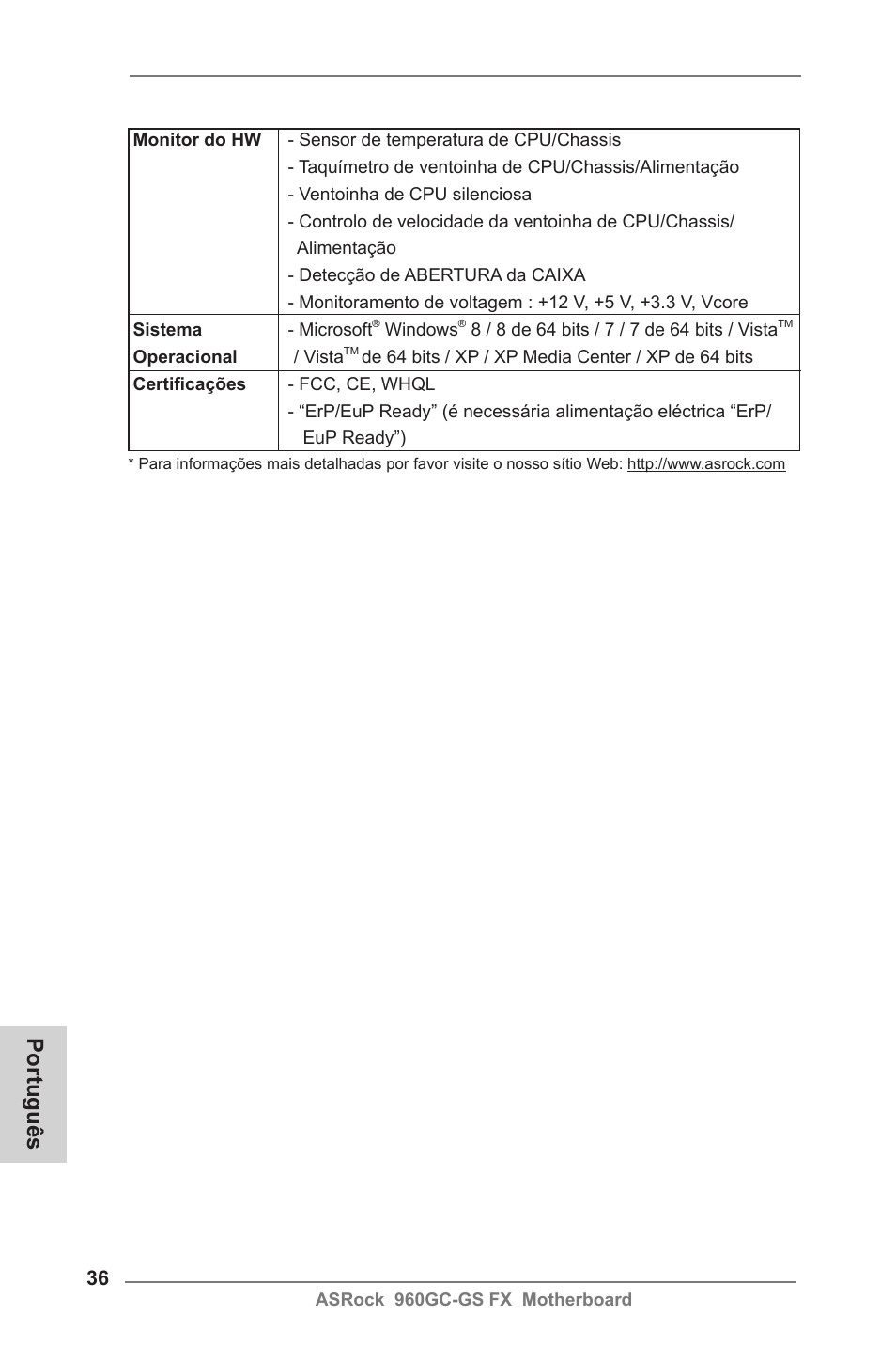 Português | ASRock 960GC-GS FX User Manual | Page 36 / 55