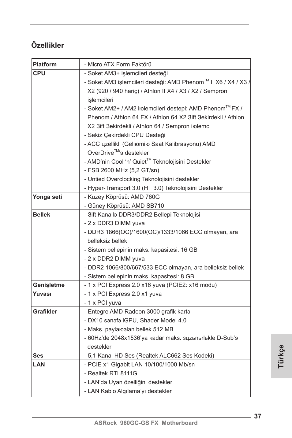 Turkish, Türkçe özellikler | ASRock 960GC-GS FX User Manual | Page 37 / 55