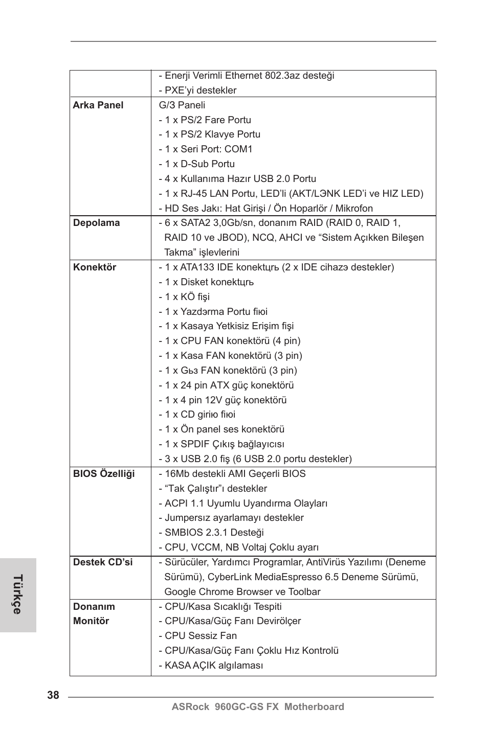 Türkçe | ASRock 960GC-GS FX User Manual | Page 38 / 55