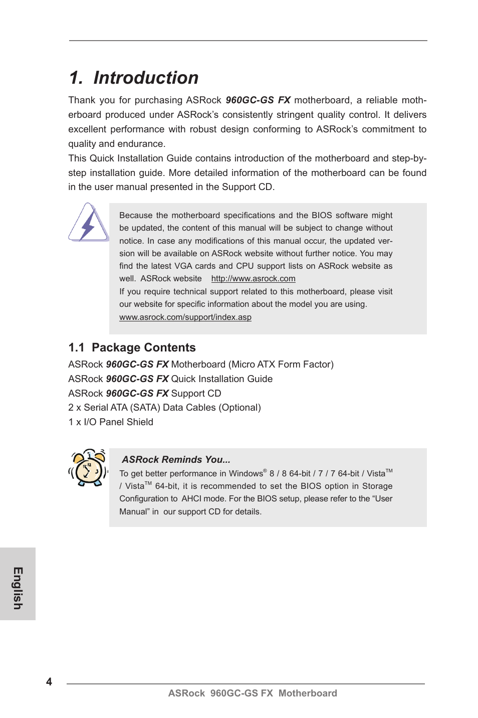Introduction, English, 1 package contents | ASRock 960GC-GS FX User Manual | Page 4 / 55