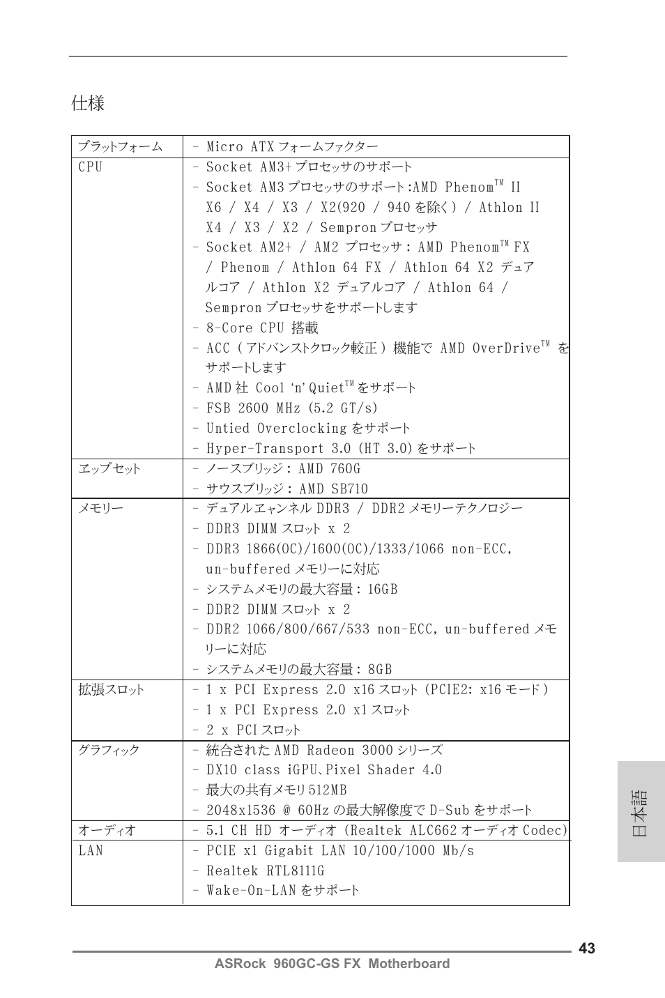 Japanese, 日本語 仕様 | ASRock 960GC-GS FX User Manual | Page 43 / 55