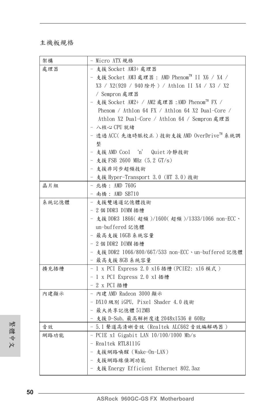 Traditional chinese, 主機板規格, 繁體中文 | ASRock 960GC-GS FX User Manual | Page 50 / 55