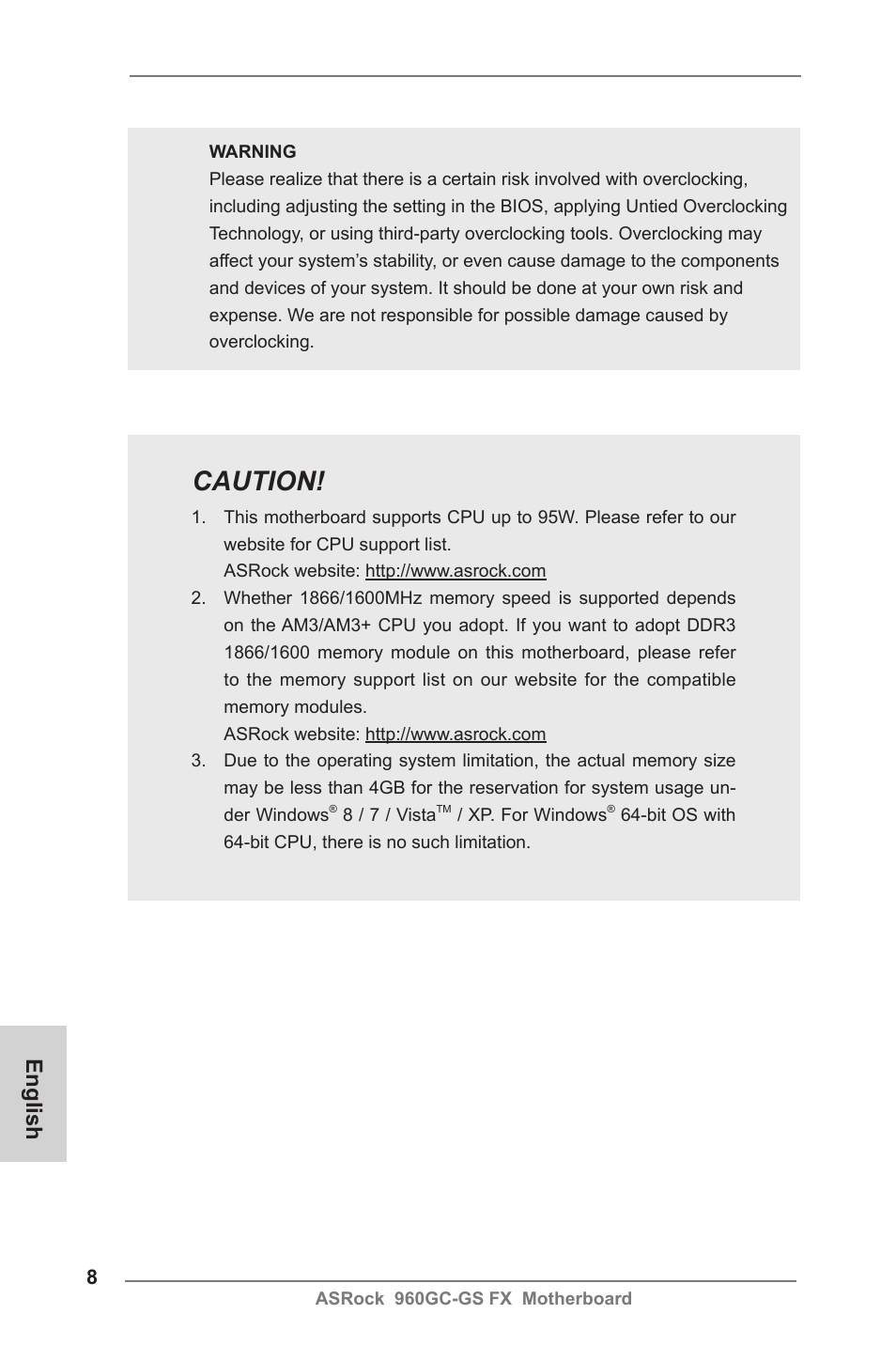 Caution, English | ASRock 960GC-GS FX User Manual | Page 8 / 55
