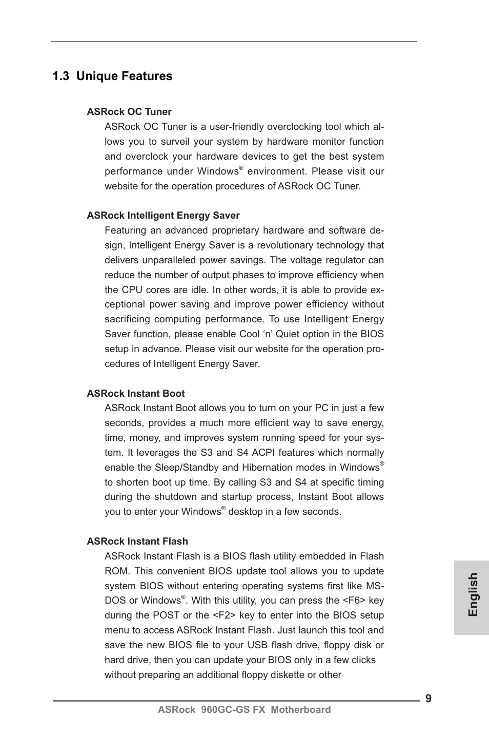 English 1.3 unique features | ASRock 960GC-GS FX User Manual | Page 9 / 55