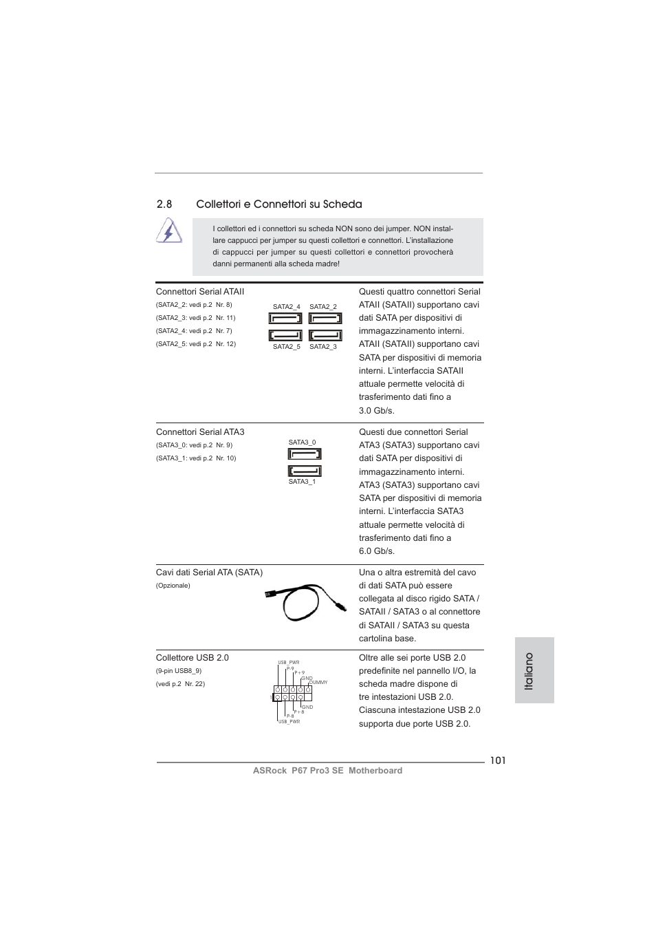 Italiano, 8 collettori e connettori su scheda | ASRock P67 Pro3 SE User Manual | Page 101 / 277