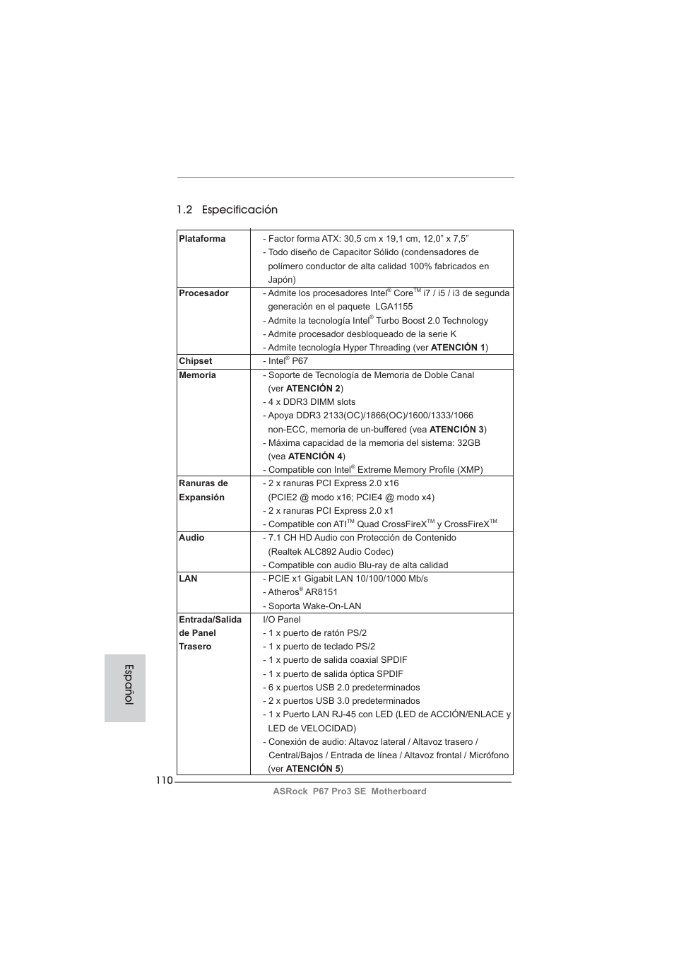 2 especificación, Español | ASRock P67 Pro3 SE User Manual | Page 110 / 277