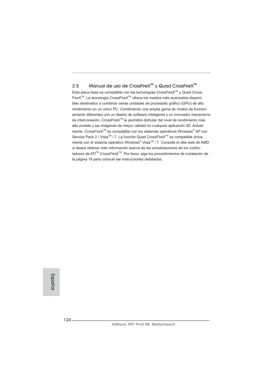 Español 2.5 manual de uso de crossfirex, Y quad crossfirex | ASRock P67 Pro3 SE User Manual | Page 124 / 277