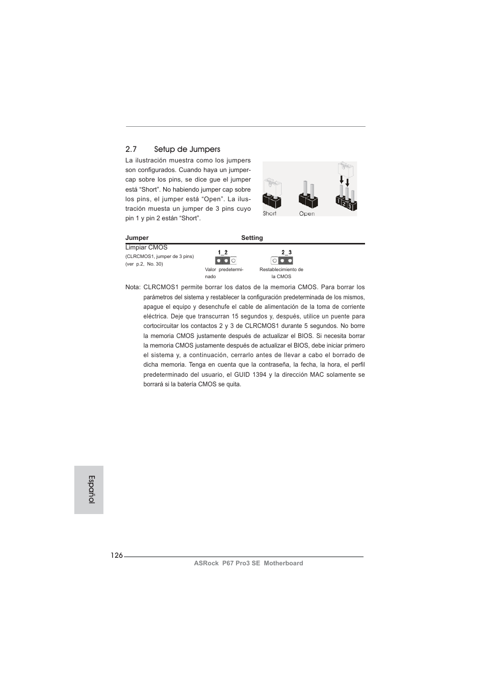 7 setup de jumpers, Español | ASRock P67 Pro3 SE User Manual | Page 126 / 277