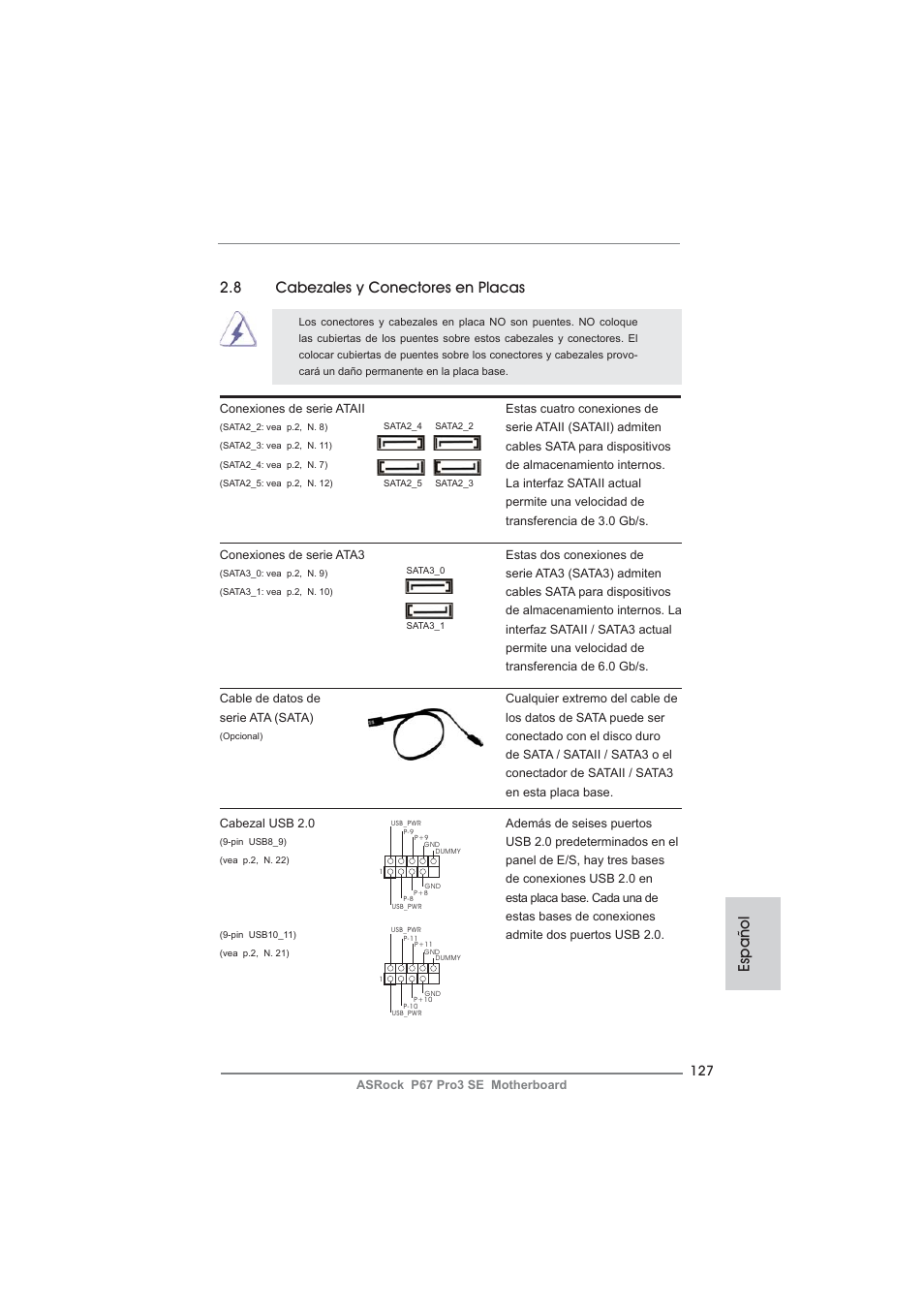 8 cabezales y conectores en placas, Español | ASRock P67 Pro3 SE User Manual | Page 127 / 277