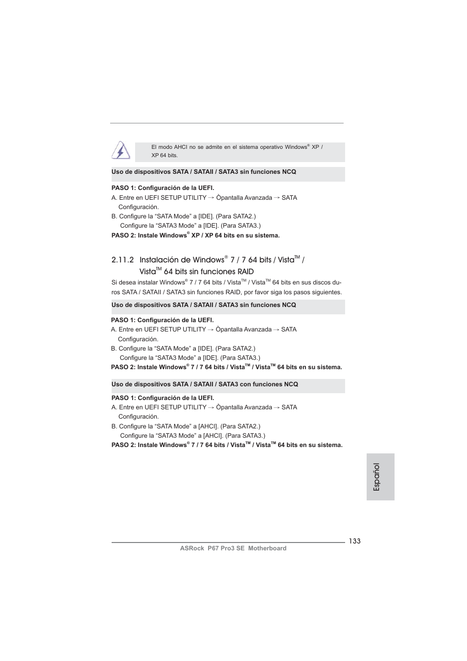 Español, 2 instalación de windows, 7 / 7 64 bits / vista | Vista, 64 bits sin funciones raid | ASRock P67 Pro3 SE User Manual | Page 133 / 277