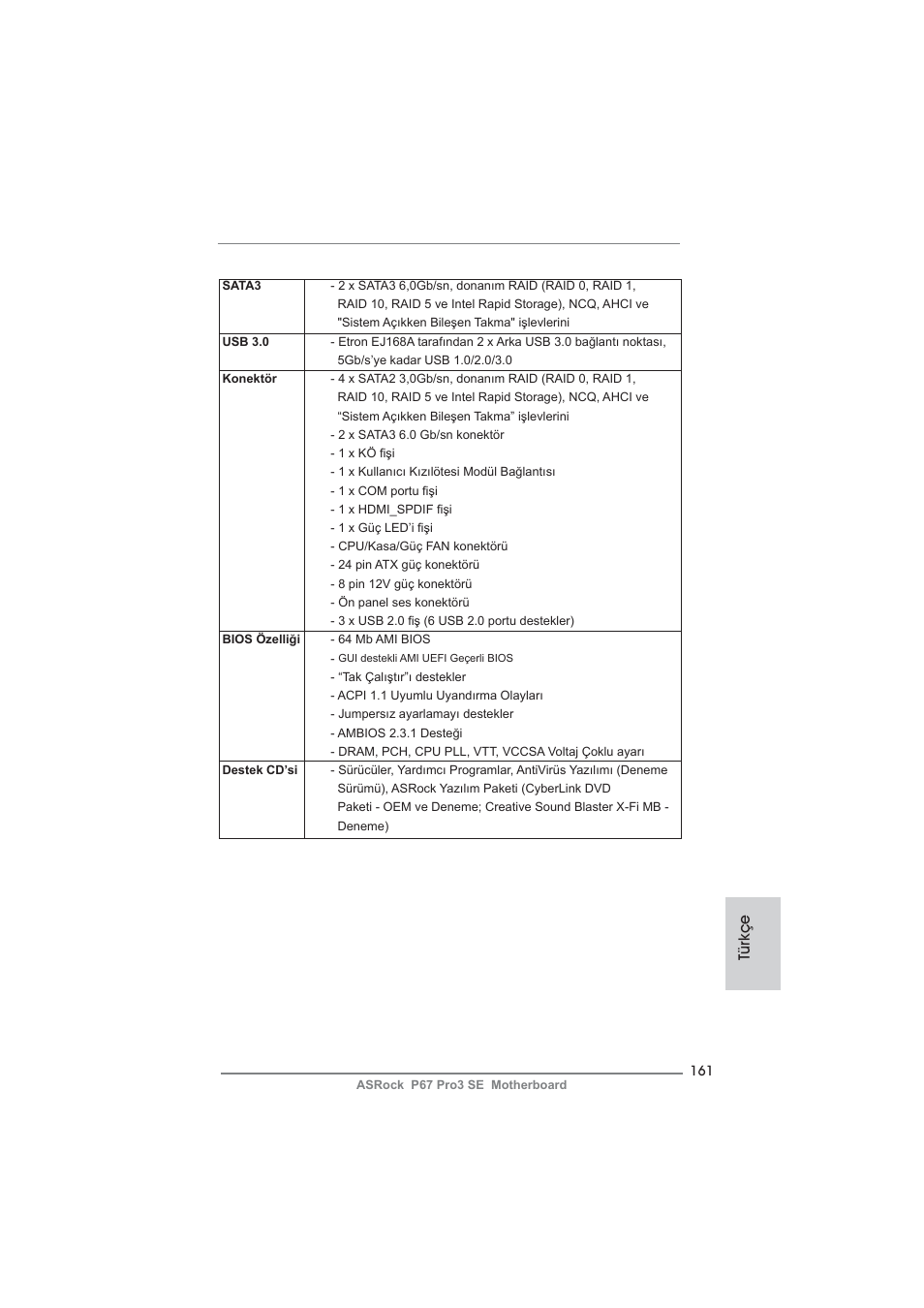 Türkçe | ASRock P67 Pro3 SE User Manual | Page 161 / 277