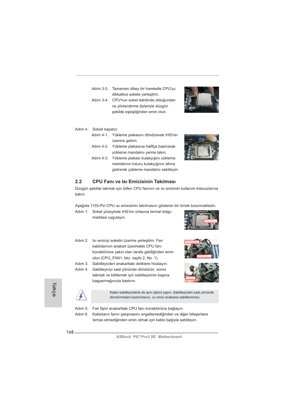 2 cpu fanı ve isı emicisinin takılması, Türkçe | ASRock P67 Pro3 SE User Manual | Page 168 / 277