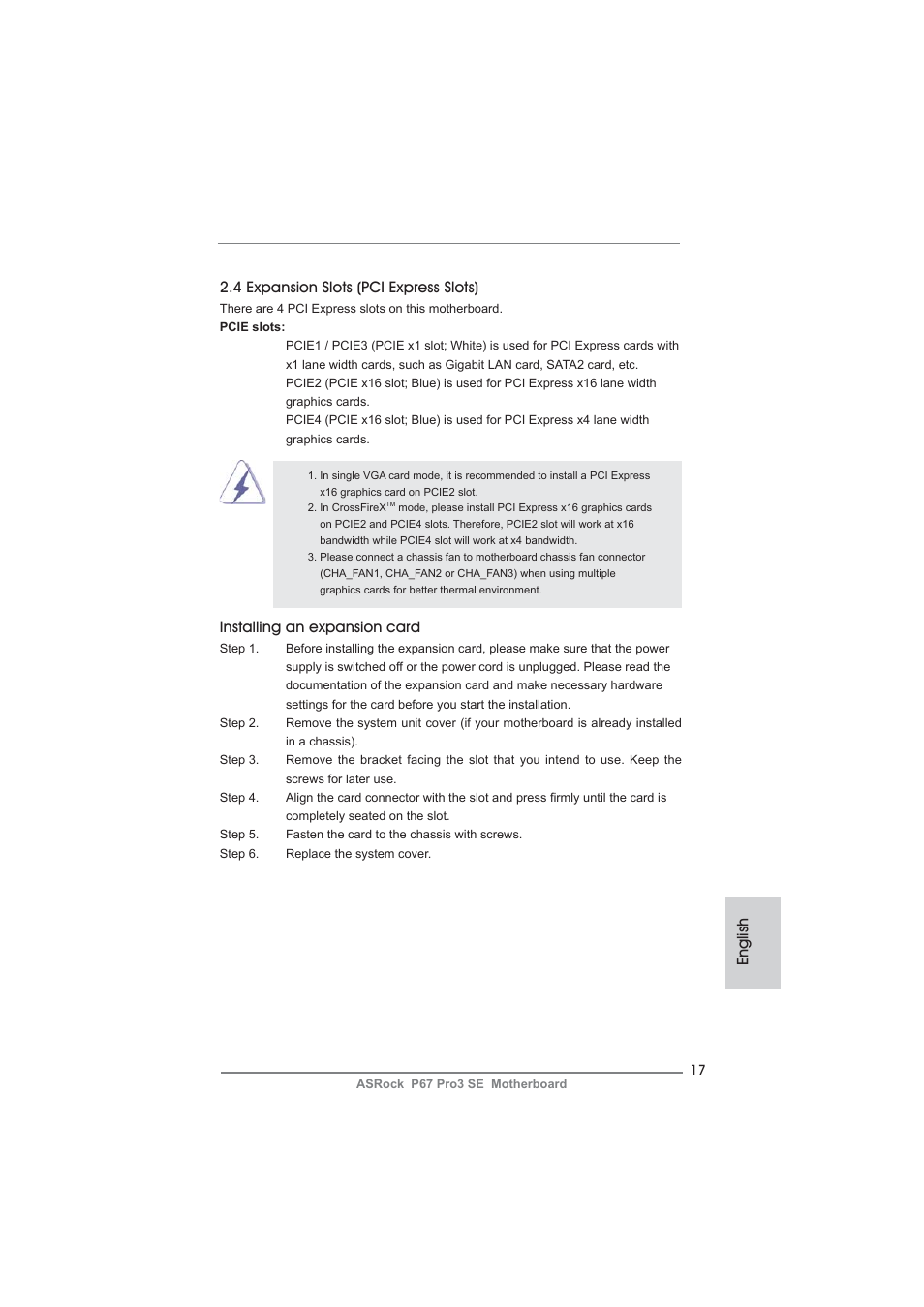 English 2.4 expansion slots (pci express slots), Installing an expansion card | ASRock P67 Pro3 SE User Manual | Page 17 / 277