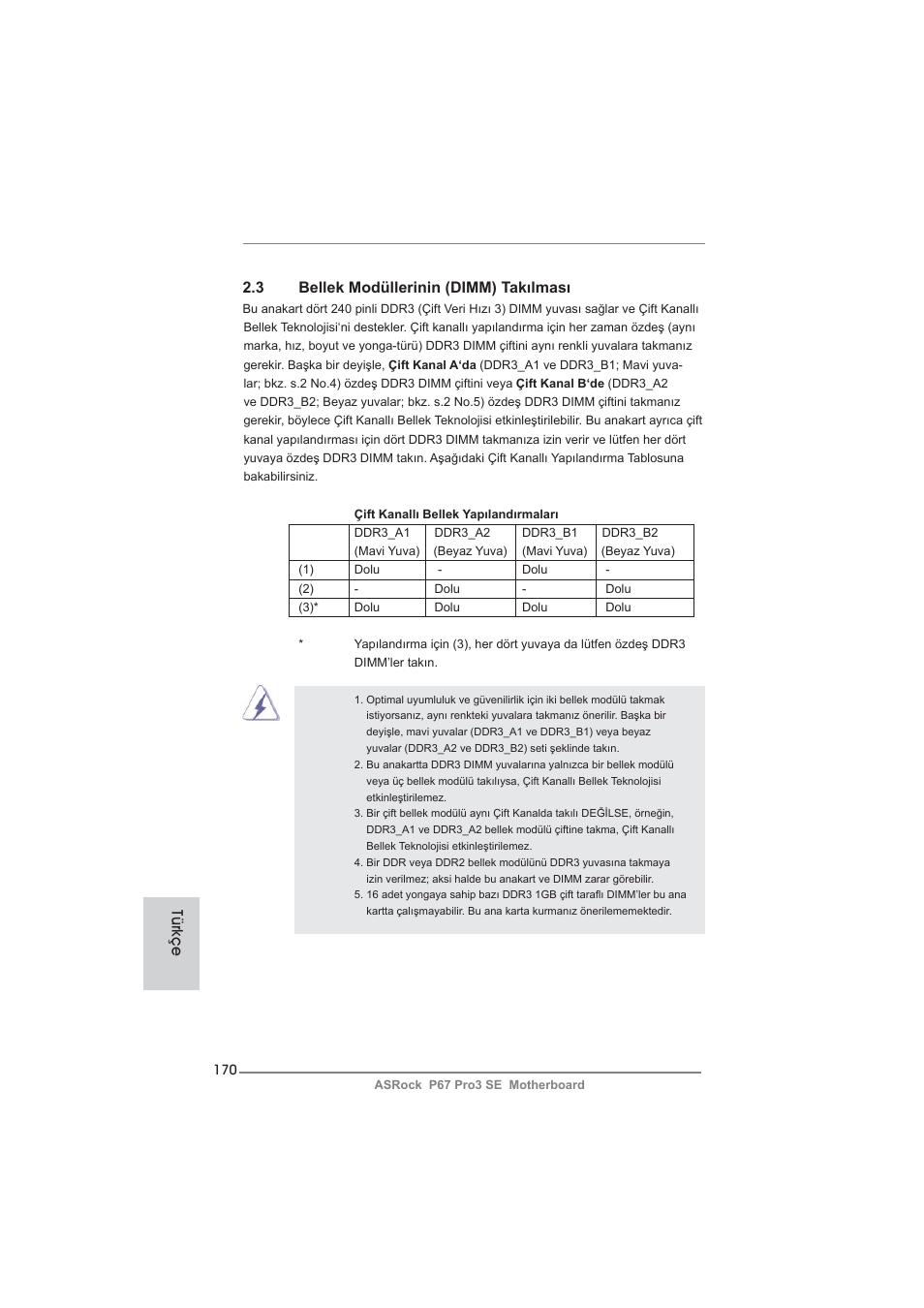 3 bellek modüllerinin (dimm) takılması, Türkçe | ASRock P67 Pro3 SE User Manual | Page 170 / 277