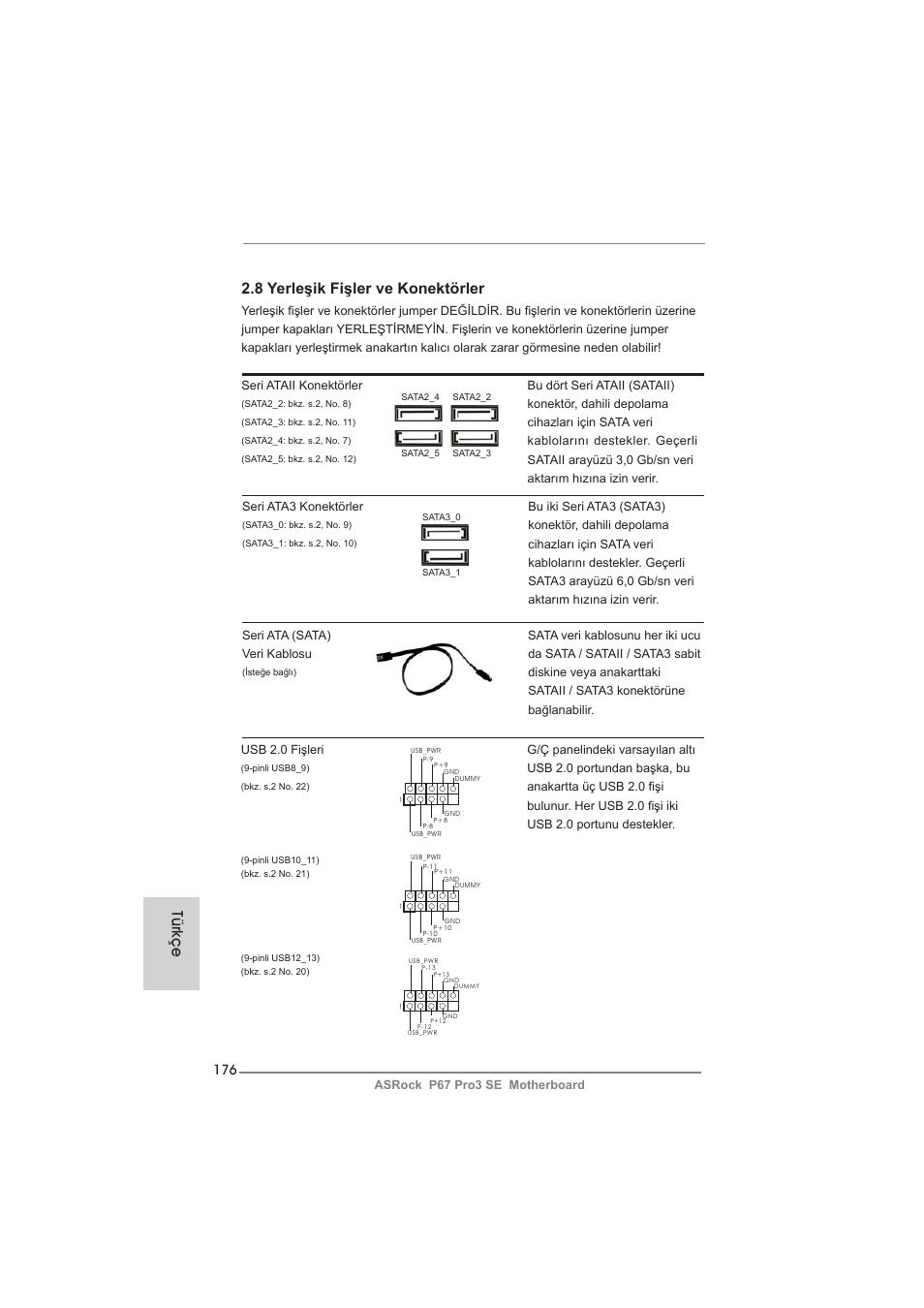 8 yerleşik fişler ve konektörler, Türkçe | ASRock P67 Pro3 SE User Manual | Page 176 / 277