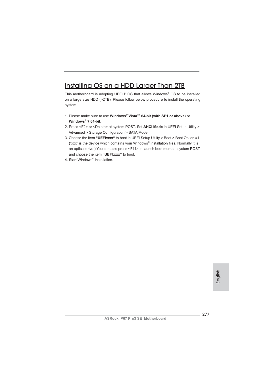 Installing os on a hdd larger than 2tb, English | ASRock P67 Pro3 SE User Manual | Page 277 / 277
