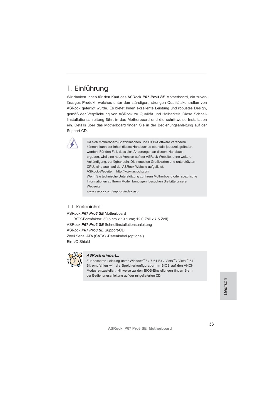 German, Einführung, 1 kartoninhalt | Deutsch | ASRock P67 Pro3 SE User Manual | Page 33 / 277