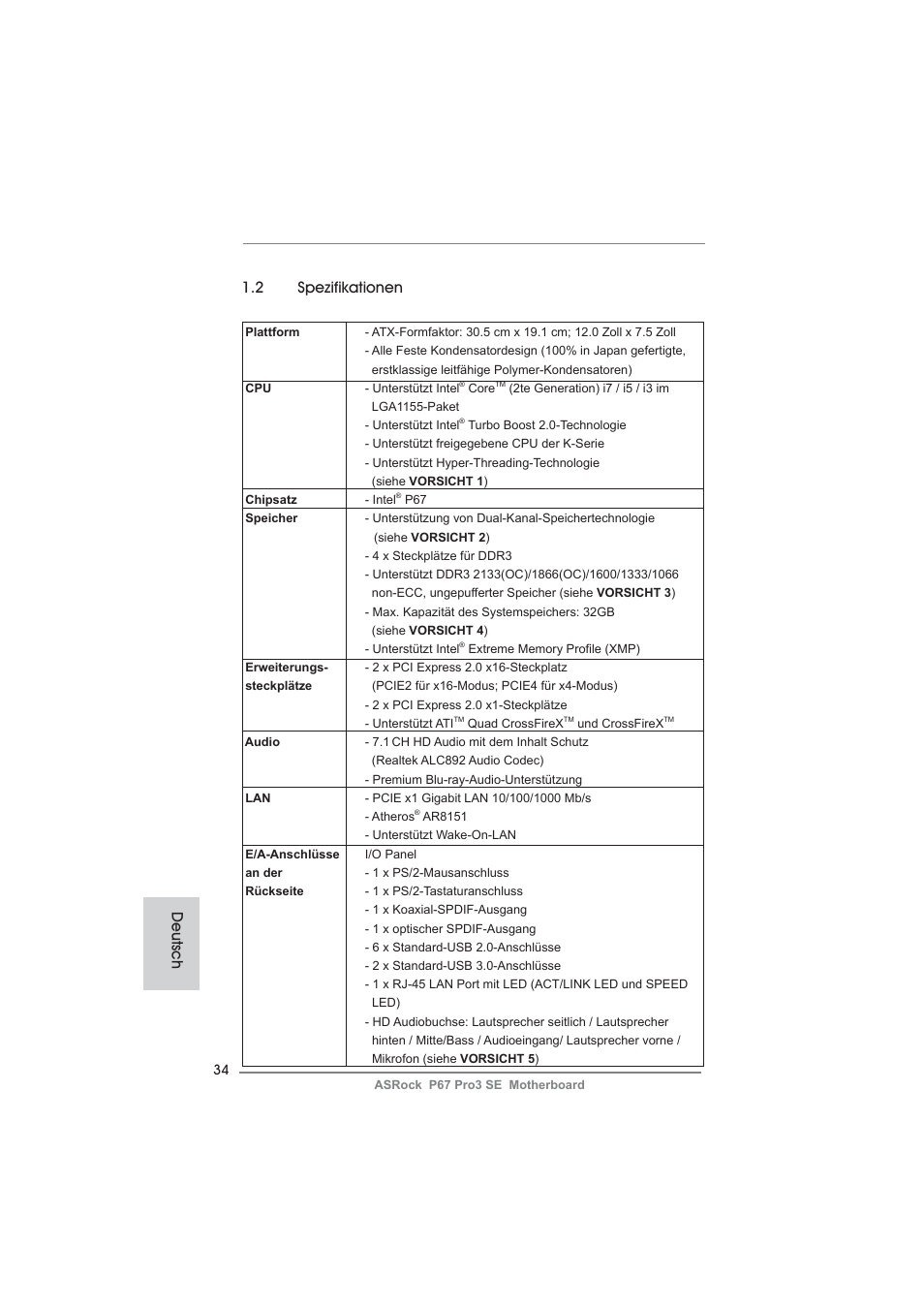 2 spezifikationen, Deutsch | ASRock P67 Pro3 SE User Manual | Page 34 / 277