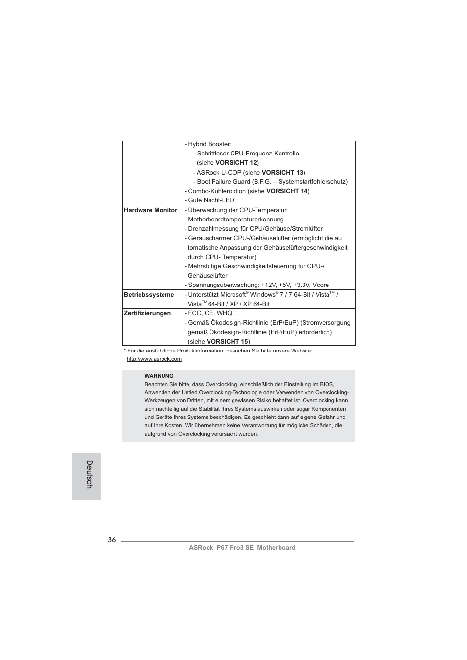 Deutsch | ASRock P67 Pro3 SE User Manual | Page 36 / 277