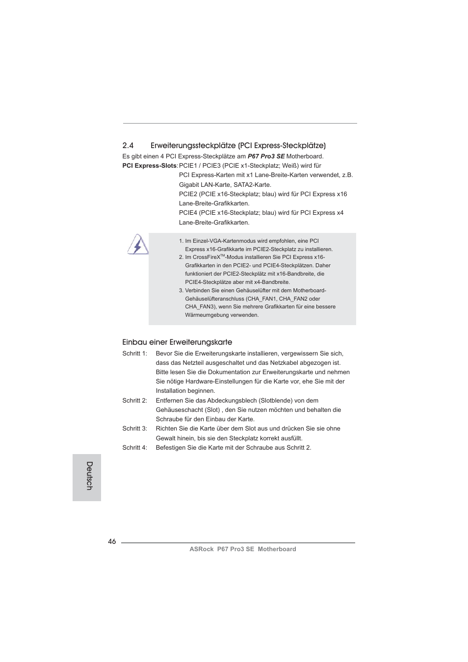 Einbau einer erweiterungskarte, Deutsch | ASRock P67 Pro3 SE User Manual | Page 46 / 277