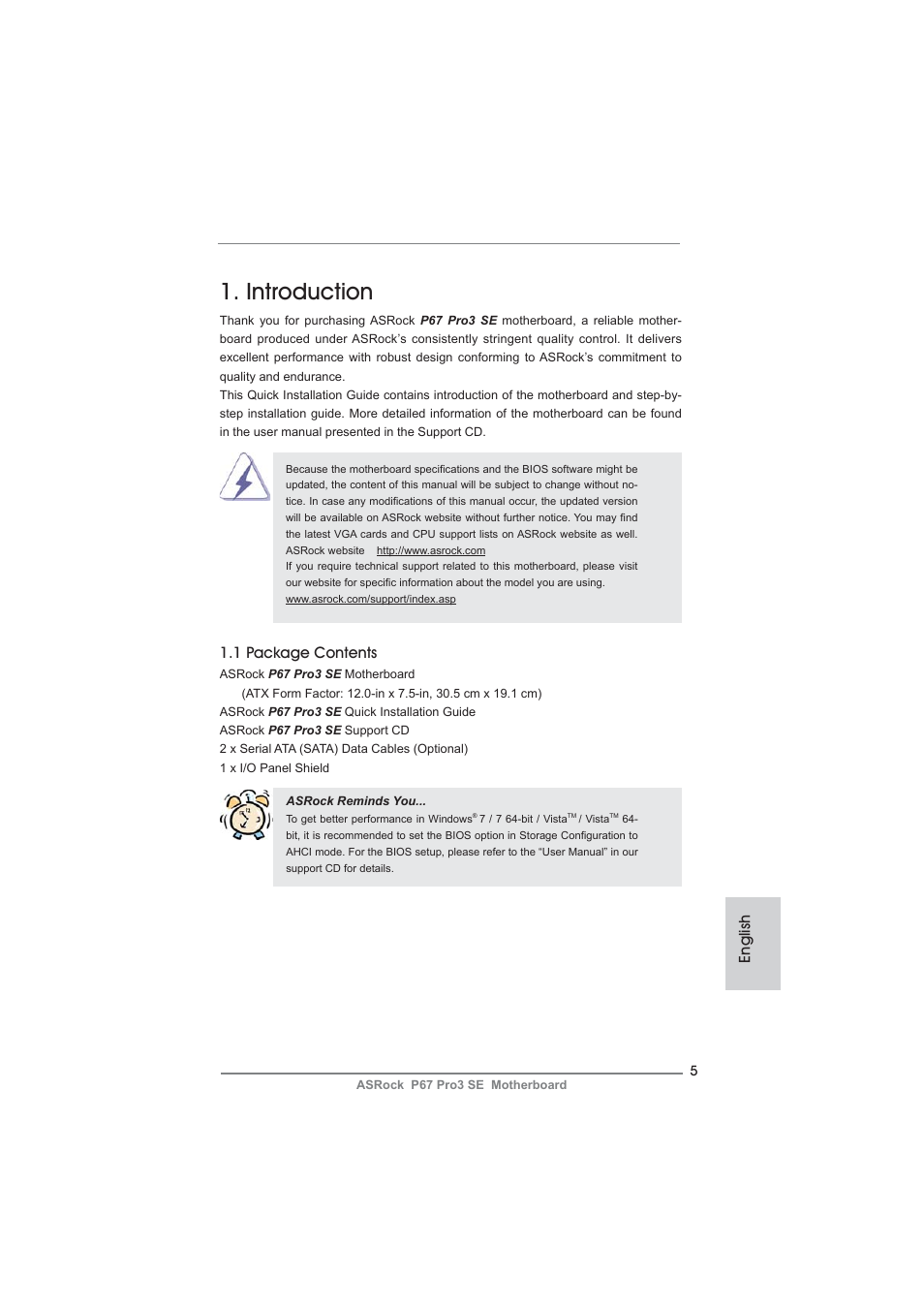 Introduction, 1 package contents, English | ASRock P67 Pro3 SE User Manual | Page 5 / 277