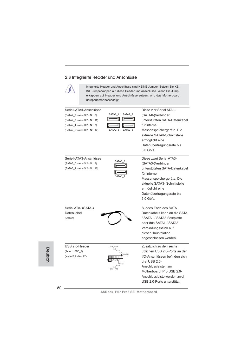 8 integrierte header und anschlüsse, Deutsch | ASRock P67 Pro3 SE User Manual | Page 50 / 277