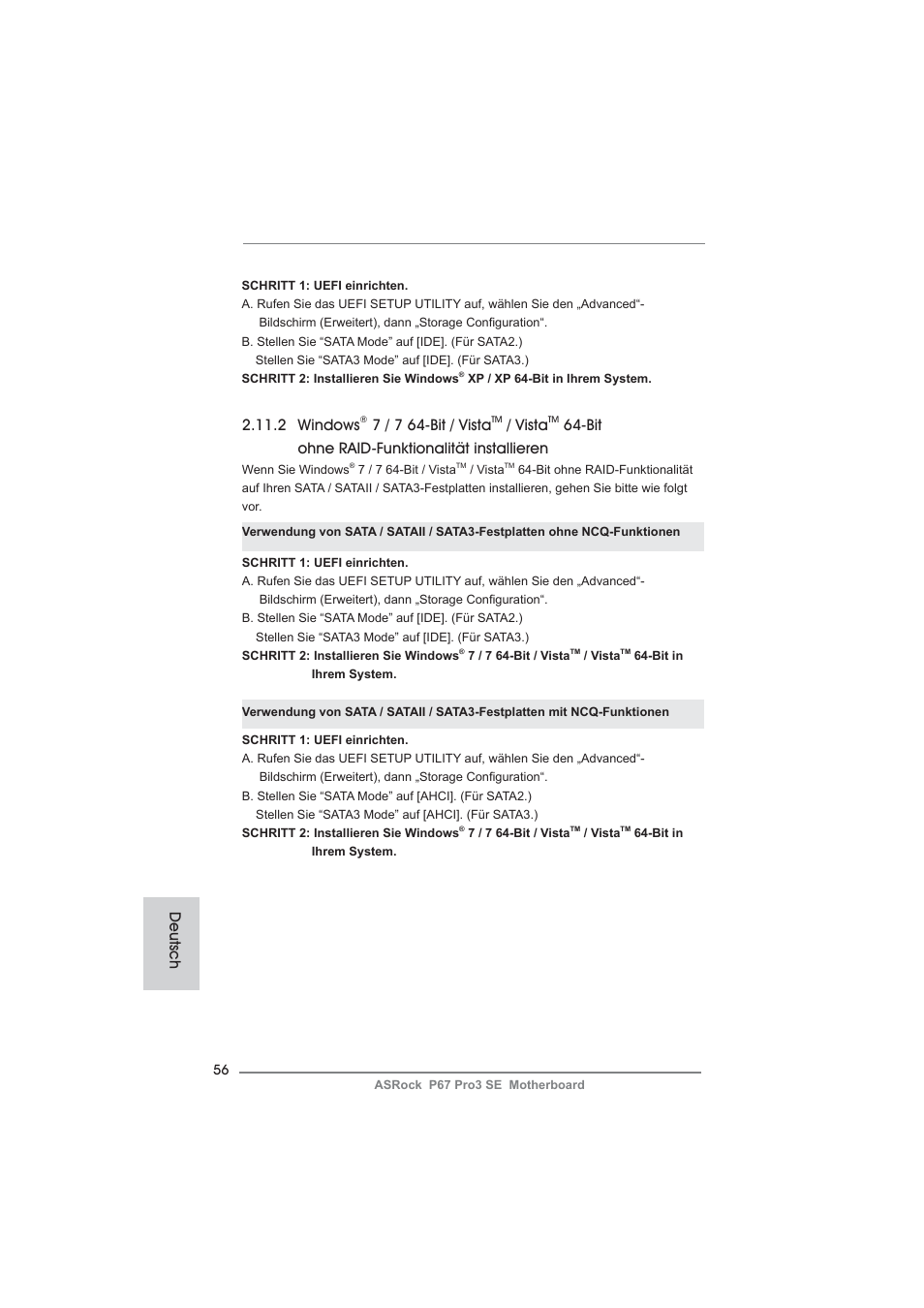 2 windows, 7 / 7 64-bit / vista, Vista | Bit ohne raid-funktionalität installieren, Deutsch | ASRock P67 Pro3 SE User Manual | Page 56 / 277